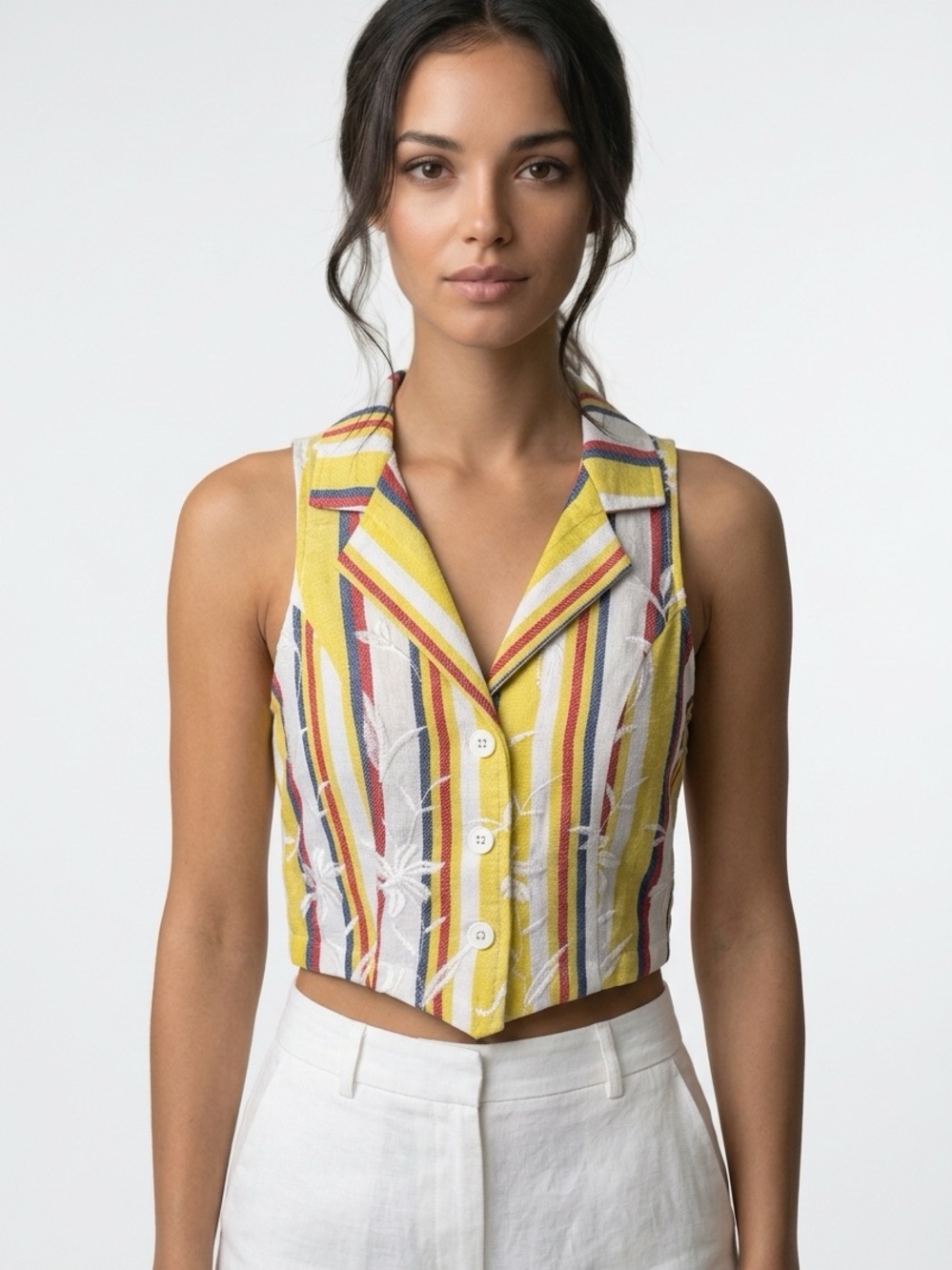 EN CRÈME | NEW Sleeveless Yellow Striped Button Front Crop Top Women’s Size S